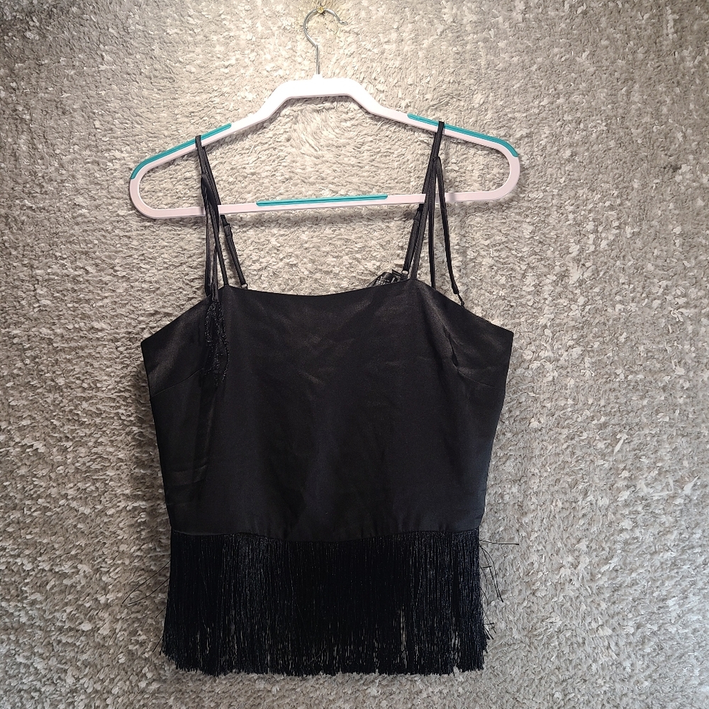 Bailey 44 Fringe Crop Black Top Back Zip Small Polyester